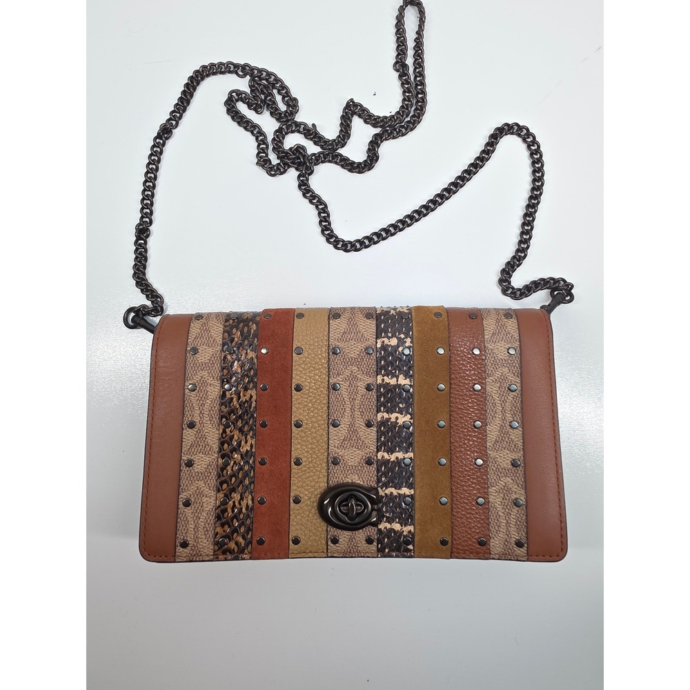 Coach Callie Foldover Chain Clutch Mixed Media Patchwork Tan Brown 79603